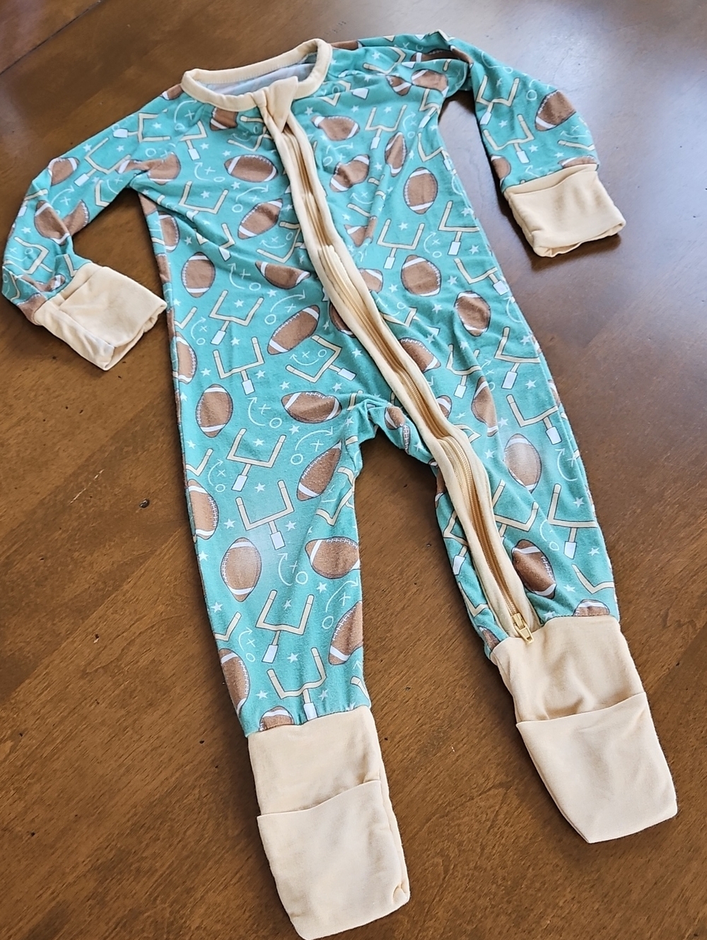 Little One Shop Football-Print Kids One-Piece Pajamas--Green and Brown